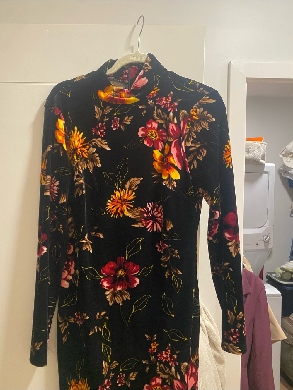 Women’s Black Floral Velvet Long-Sleeve Dress